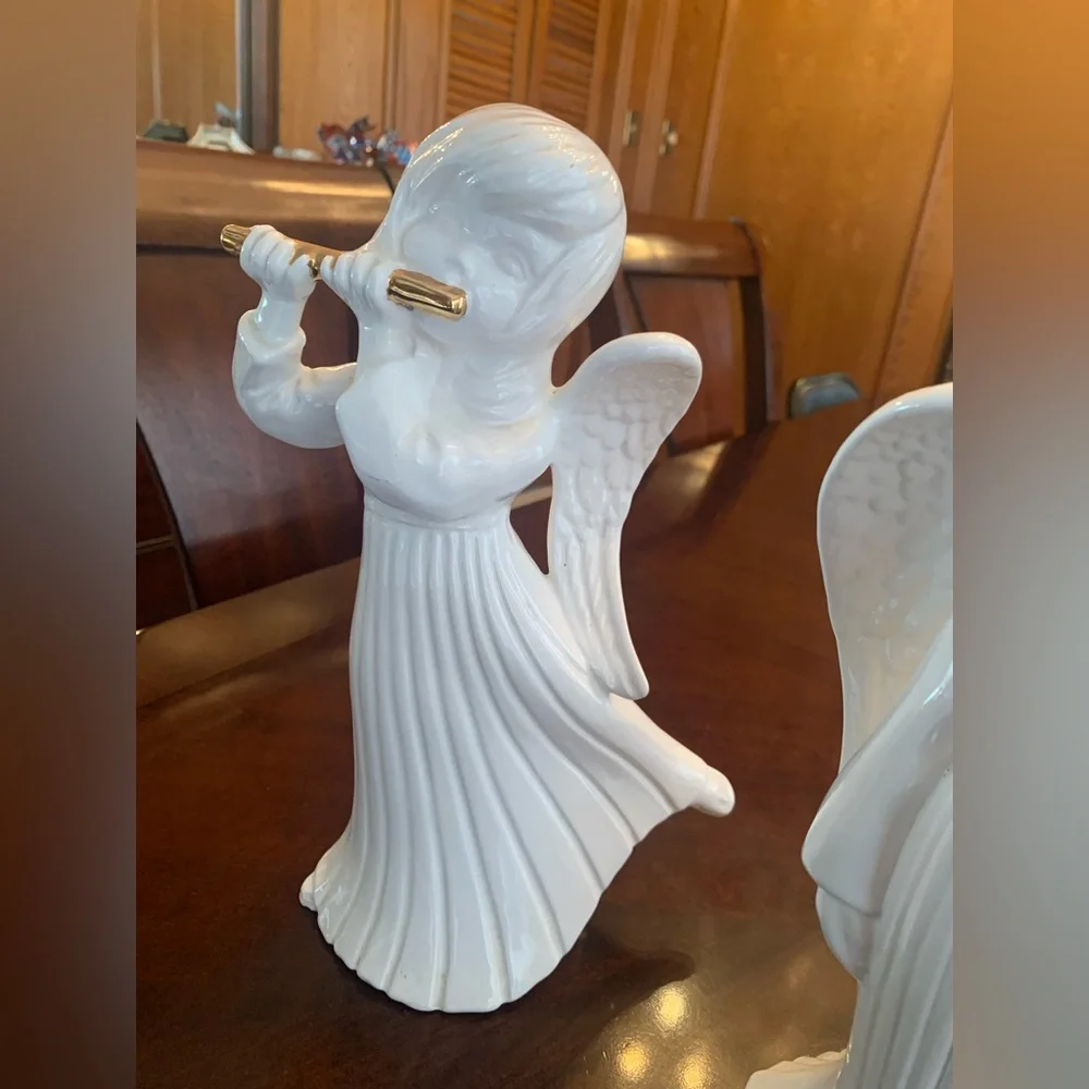 3 ATLANTIC MOLD 12 INCH TALL CERAMIC ANGELS PLAYING CHRISTMAS HYMNS PREOWNED